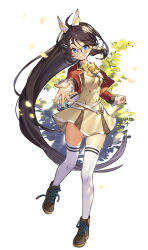 Rule 34 | 1girl, ahoge, belt, black hair, blue eyes, boots, bow, bowtie, breasts, brown dress, brown footwear, buttons, closed mouth, cropped jacket, cross-laced footwear, dress, floating hair, frilled sleeves, frills, full body, glasses, hair ornament, hair ribbon, hairclip, jacket, long hair, long sleeves, looking at viewer, medium breasts, open clothes, open jacket, plant, reaching, reaching towards viewer, remilore ~shoujo to isekai to madousho~, ribbon, round eyewear, simple background, smile, solo, thighhighs, very long hair, white background, white thighhighs, whoisshe, wing collar, yellow bow, yellow bowtie, zettai ryouiki