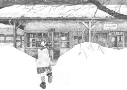 Rule 34 | 1girl, absurdres, black footwear, black hair, blush, branch, building, from behind, greyscale, highres, long sleeves, monochrome, no nose, original, outdoors, plaid socks, pleated skirt, shihatsu-chan (densya t), shoes, short hair, skirt, snow, snowing, solo, standing, tree, wide shot, winter clothes