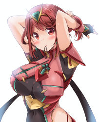 Rule 34 | 1girl, black gloves, breasts, chest jewel, earrings, fingerless gloves, gem, gloves, headpiece, highres, jewelry, kurokaze no sora, large breasts, pyra (xenoblade), red eyes, red hair, short hair, simple background, solo, swept bangs, tiara, white background, xenoblade chronicles (series), xenoblade chronicles 2
