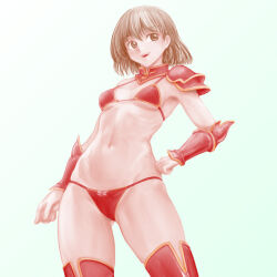Rule 34 | 1girl, :d, arm guards, armor, bikini, breasts, brown eyes, brown hair, cleavage, groin, hand on own hip, highres, legs apart, looking to the side, midriff, minamoto80486, navel, open mouth, original, pauldrons, red armor, red bikini, red thighhighs, short hair, shoulder armor, simple background, single pauldron, small breasts, smile, solo, standing, swimsuit, teeth, thighhighs, underboob, upper teeth only, white background