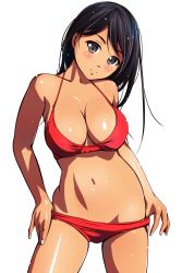 Rule 34 | 1girl, bikini, bikini pull, black hair, breasts, cleavage, closed mouth, clothes pull, contrapposto, cowboy shot, dark skin, dark-skinned female, grey eyes, head tilt, highres, large breasts, long hair, looking at viewer, matsunaga kouyou, pulling own clothes, red bikini, simple background, smile, solo, standing, swimsuit, tan, tareme, wet, wet hair, white background