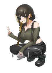 Rule 34 | 1girl, absurdres, black hair, boots, braid, breasts, cargo pants, commentary request, eyepatch, flask, girls&#039; frontline, highres, hip flask, holding, holding flask, large breasts, long hair, long sleeves, looking at viewer, m16a1 (girls&#039; frontline), multicolored hair, pants, simple background, smile, solo, squatting, strap, streaked hair, urrrt, v, white background