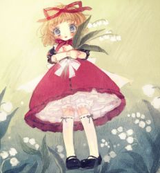 Rule 34 | 1girl, black footwear, blonde hair, blue eyes, blush, doll joints, dress, flower, frills, full body, hair ribbon, holding, holding flower, joints, lily of the valley, looking at viewer, medicine melancholy, red dress, red ribbon, ribbon, short hair, short sleeves, solo, touhou, white legwear, yujup
