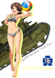 Rule 34 | 10s, 1girl, :d, absurdres, armpits, ball, barefoot, beachball, bikini, breasts, brown eyes, brown hair, caterpillar tracks, character name, emblem, full body, girls und panzer, highres, kawanishi shinobu, military, military vehicle, motor vehicle, navel, ooarai (emblem), open mouth, outstretched arm, ponytail, shiny skin, short hair, simple background, small breasts, smile, solo, standing, swimsuit, tank, type 89 i-gou, white background