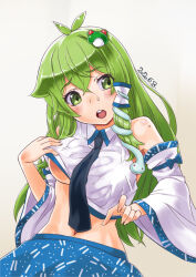 Rule 34 | 1girl, antenna hair, black necktie, blue skirt, blush, breasts, clothes lift, collared shirt, commentary request, cowboy shot, crossed bangs, dated, detached sleeves, frog hair ornament, green eyes, green hair, hair between eyes, hair ornament, kei jiei, kochiya sanae, large breasts, lifted by self, long hair, looking afar, looking to the side, navel, necktie, open mouth, shirt, shirt lift, sidelocks, single hair tube, skirt, sleeveless, sleeveless shirt, snake hair ornament, solo, sweat, teeth, tongue, touhou, underboob, upper teeth only, white shirt, white sleeves, wide sleeves