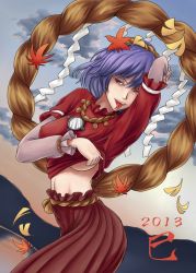 Rule 34 | 10s, 1girl, 2013, arm behind head, breasts, clothes lift, fang, fangs, female focus, forked tongue, layered sleeves, leaf, long skirt, long sleeves, midriff, mirror, navel, new year, purple hair, red eyes, rope, shimenawa, shirt lift, short hair, short over long sleeves, short sleeves, skirt, solo, sunaipu (age-zero), tongue, touhou, underboob, wreath, yasaka kanako