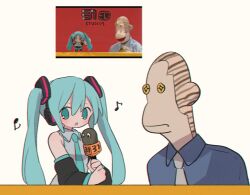 Rule 34 | 1boy, 1girl, 31 minutos, blue eyes, blue hair, blue necktie, blue shirt, collared shirt, detached sleeves, hatsune miku, highres, holding, holding microphone, long hair, looking at another, looking at viewer, mico el micofono, microphone, musical note, necktie, open mouth, ri (qrcode), shirt, simple background, tulio trivino, twintails, vocaloid, white background, white necktie