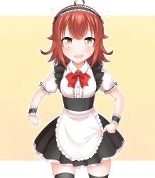 Rule 34 | 10s, 1girl, alternate costume, apron, arashi (kancolle), brown eyes, cowboy shot, dress, enmaided, faubynet, flying sweatdrops, frilled dress, frills, highres, kantai collection, long hair, maid, maid apron, maid headdress, md5 mismatch, open mouth, red hair, resolution mismatch, short sleeves, simple background, skirt, smile, solo, source larger, thighhighs, wrist cuffs, zettai ryouiki