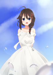 Rule 34 | 1girl, absurdres, ahoge, alternate costume, arms behind back, black hair, blue eyes, blue sky, braid, cloud, commentary request, dress, hair flaps, hair ornament, hair over shoulder, highres, kafi (cafee kuu), kantai collection, looking at viewer, open mouth, shigure (kancolle), shigure kai ni (kancolle), single braid, sky, sleeveless, sleeveless dress, smile, solo, white dress