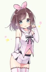 Rule 34 | 1girl, :d, alternate hair length, alternate hairstyle, bad id, bad pixiv id, bare shoulders, blue eyes, blush, brown background, brown hair, commentary request, cowboy shot, detached sleeves, hair ribbon, hairband, hand up, kizuna ai, kizuna ai inc., lace, lace-trimmed legwear, lace trim, long sleeves, looking at viewer, multicolored hair, navel, open mouth, pink hair, pink hairband, pink ribbon, pleated skirt, ribbon, shirt, sidelocks, skirt, sleeveless, sleeveless shirt, sleeves past wrists, smile, solo, star (symbol), streaked hair, thighhighs, tsuka, v, virtual youtuber, white shirt, white skirt, white thighhighs