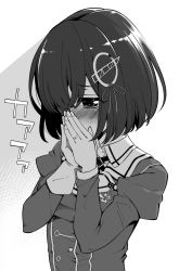 Rule 34 | 1girl, blush, covering own mouth, greyscale, haguro (kancolle), hair ornament, hair over one eye, hanauna, jewelry, kantai collection, monochrome, ring, short hair, solo, tearing up, wedding band