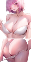 Rule 34 | 1girl, absurdres, ass, bra, breasts, butt crack, fate/grand order, fate (series), hair over one eye, highres, large breasts, looking at viewer, mash kyrielight, open mouth, panties, panty pull, pulling own clothes, purple eyes, purple hair, rororo, short hair, simple background, smile, solo, thighs, underwear, underwear only, white background, white bra, white panties