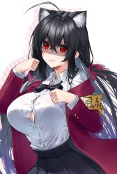 Rule 34 | 1girl, ahoge, animal ear fluff, animal ears, armband, azur lane, black bow, black bowtie, black hair, black skirt, blush, bow, bowtie, breasts, button gap, cat ears, cleavage, closed mouth, collared shirt, commentary, cowboy shot, crossed bangs, dress shirt, drop shadow, hair between eyes, hair ribbon, highres, huge ahoge, jacket, kemonomimi mode, large breasts, lips, long hair, long sleeves, looking at viewer, off shoulder, official alternate costume, open clothes, open jacket, paw pose, pleated skirt, red eyes, red jacket, red ribbon, ribbon, shaded face, shirt, shirt tucked in, simple background, skirt, smile, solo, taihou (azur lane), taihou (sweet time after school) (azur lane), very long hair, white background, white shirt, wing collar, yandere, yellow armband, yorugami rei