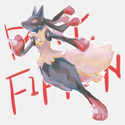 Rule 34 | 1boy, animal ears, animal feet, animal hands, black fur, blue fur, body fur, creatures (company), english text, full body, furry, furry male, game freak, gen 4 pokemon, grey background, hand to own mouth, hand up, highres, looking up, lucario, male focus, mega lucario, mega pokemon, multicolored fur, nintendo, open mouth, outline, pokemon, pokemon (creature), red eyes, red fur, snout, solo, spikes, standing, standing on one leg, tail, white outline, wolf boy, wolf ears, wolf tail, yellow fur, yug (yu g)