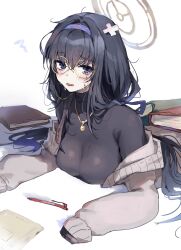 Rule 34 | alternate breast size, black hair, black shirt, blue archive, blush, breasts, cardigan, fallen down, glasses, grey cardigan, halo, highres, inusaka, large breasts, looking at viewer, ponytail, scattered books, shirt, simple background, sleeves past fingers, sleeves past wrists, squiggle, tears, ui (blue archive), white background, yellow-framed eyewear