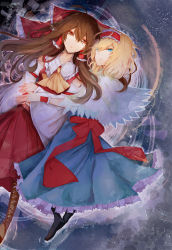 Rule 34 | 2girls, alice margatroid, black legwear, blonde hair, blue eyes, blue skirt, bow, brown eyes, brown hair, capelet, detached sleeves, frilled hairband, frilled skirt, frills, from above, hair between eyes, hair bow, hairband, hakurei reimu, highres, long hair, long skirt, lying, multiple girls, nontraditional miko, on back, parted lips, red bow, red hairband, red ribbon, red shirt, red skirt, reflecting pool, reflection, reflective water, refocallme, ribbon, shirt, skirt, touhou, very long hair, wrist cuffs