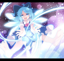 Rule 34 | 1girl, :d, ahoge, barefoot, blue bow, blue dress, blue eyes, blue hair, bow, cirno, commentary request, do (4-rt), dress, fang, feet, hair bow, highres, ice, ice wings, lens flare, letterboxed, magic, open mouth, outstretched arms, partial commentary, puffy short sleeves, puffy sleeves, shaded face, short hair, short sleeves, smile, soles, solo, touhou, v-shaped eyebrows, wings