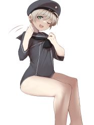 Rule 34 | 1girl, black dress, black hat, blue eyes, clothes writing, dress, dress tug, hand fan, hat, highres, honmakaina kudou, invisible chair, kantai collection, looking at viewer, one-hour drawing challenge, one eye closed, sailor dress, sailor hat, short dress, short hair, silver hair, simple background, sitting, solo, white background, z1 leberecht maass (kancolle)