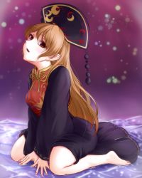 Rule 34 | 1girl, barefoot, belt, black belt, black dress, black hat, black sleeves, blonde hair, bow, breasts, brown eyes, chinese clothes, crescent, dress, gradient background, hair between eyes, hat, highres, junko (touhou), long hair, long sleeves, looking at viewer, medium breasts, multicolored background, ocean, open mouth, pink background, pom pom (clothes), purple background, red vest, riria (liry a flower), seiza, sitting, solo, touhou, vest, water, yellow bow, yellow neckwear