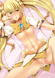 Rule 34 | 10s, 1girl, aftersex, blonde hair, blush, bow, breasts, brooch, clothes lift, cum, cum in pussy, cure sunshine, dutch angle, hair ribbon, heart, heart brooch, heartcatch precure!, highres, jewelry, kazumu, long hair, magical girl, myoudouin itsuki, navel, nipples, no panties, orange bow, precure, pussy, ribbon, skirt, skirt lift, small breasts, solo, spread legs, twintails, uncensored, underboob, yellow eyes