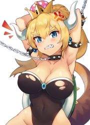 Rule 34 | 1girl, anger vein, angry, areola slip, armpits, arms up, bad id, bad pixiv id, bdsm, blonde hair, blue eyes, blush, bondage, bound, bowsette, bracelet, breasts, chain, chained, cleavage, clenched teeth, collar, covered navel, crown, earrings, eyebrows, half-closed eyes, highleg, highleg leotard, highres, hip focus, horns, jehyun, jewelry, large breasts, leotard, looking at viewer, mario (series), narrow waist, new super mario bros. u deluxe, nintendo, pointy ears, ponytail, restrained, sharp teeth, shell, shoulder spikes, simple background, solo, spiked bracelet, spiked collar, spikes, strapless, strapless leotard, super crown, tail, teeth, torn clothes, white background, wide hips