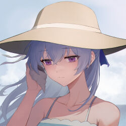 Rule 34 | 1girl, :/, bare shoulders, closed mouth, collarbone, darker than black, day, dress, expressionless, floating hair, grey hair, hair between eyes, hat, highres, holding, holding shell, ku qiao kujo, light blush, light purple hair, listening, long hair, looking afar, looking down, outdoors, portrait, purple eyes, seashell, shell, shell to ear, sleeveless, sleeveless dress, solo, sun hat, wind, yin (darker than black)