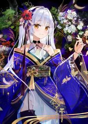 Rule 34 | 1girl, bare shoulders, black thighhighs, blue kimono, blunt bangs, bracelet, branch, bug, butterfly, chinese knot, choker, collarbone, commentary request, cowboy shot, crescent moon, criss-cross halter, feathers, floral print, flower, flower knot, furisode, fuumi (radial engine), garter straps, hair flower, hair ornament, hair tassel, halterneck, hand up, hime cut, insect, japanese clothes, jewelry, kanzashi, kimono, leaf, long hair, looking at viewer, moon, obi, off shoulder, original, pelvic curtain, print kimono, red flower, sash, silver hair, smile, solo, standing, tassel, tassel hair ornament, thighhighs, tree, white flower, wide sleeves, yellow eyes