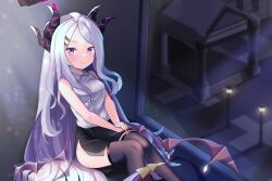 Rule 34 | 1girl, ahoge, ass, black skirt, blue archive, blurry, building, commentary request, demon girl, demon horns, demon wings, depth of field, forehead, hair ornament, hairclip, halo, highres, hina (blue archive), horns, indoors, lamppost, long hair, looking at viewer, official alternate costume, parted bangs, pencil skirt, purple eyes, shirt, side slit, sidelocks, sitting, skirt, sleeveless, sleeveless shirt, smile, solo, wavy hair, white hair, white shirt, window, wings, yunoyuno