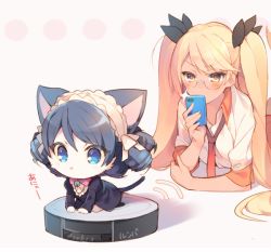 Rule 34 | 10s, 2girls, animal ears, bell, blonde hair, blue eyes, blue hair, blush, cat ears, cat tail, chibi, curly hair, cyan (show by rock!!), glasses, hair ornament, hairband, headband, long hair, lying, mayachi (amuriya), multiple girls, necktie, on stomach, phone, polka dot, polka dot background, retoree (show by rock!!), riding, robotic vacuum cleaner, short hair, show by rock!!, simple background, sparkle, tail, twintails, very long hair, yellow eyes
