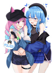 Rule 34 | 2girls, animal ear headwear, arm around back, bare shoulders, black headwear, black shirt, blue eyes, blue hair, blue heart, blue jacket, blue nails, blush, braid, casual, commentary request, cowboy shot, earrings, english text, eye contact, face-to-face, fake animal ears, fishnets, halterneck, hand on another&#039;s arm, hand on another&#039;s stomach, highres, holding, holding phone, hololive, hoshimachi suisei, jacket, jewelry, kosuke (bb), long braid, looking at another, midriff, minato aqua, multicolored hair, multiple girls, nail polish, off shoulder, oozora subaru, open mouth, phone, pink eyes, pink hair, pink nails, shirt, short shorts, shorts, sleeveless, sleeveless shirt, smile, star (symbol), star earrings, star in eye, sweat, symbol in eye, thigh strap, two-tone hair, virtual youtuber, white background, yuri