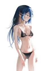 Rule 34 | 1girl, absurdres, arknights, bare shoulders, bikini, black bikini, black horns, blue eyes, blue hair, breasts, closed mouth, collarbone, commentary, dark blue hair, demon girl, demon horns, english commentary, fallen angel, hair between eyes, hair intakes, highres, horns, lit for 20, long hair, looking down, looking to the side, medium breasts, mixed-language commentary, mostima (arknights), navel, shaded face, sidelocks, simple background, swimsuit, thighhighs, white background