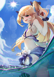 Rule 34 | 1girl, absurdres, ass, bare shoulders, beach, bikini, blonde hair, blue sky, blush, bow, breasts, cleavage, day, eyepatch, fang, fischl (genshin impact), genshin impact, green eyes, hair bow, highres, hokushuu, holding, holding water gun, long hair, looking at viewer, open mouth, outdoors, partially submerged, sarong, sky, small breasts, smile, solo, sunlight, swimsuit, twintails, underwater, water gun, watermark, wet, white bikini, white bow