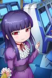 Rule 34 | 10s, 1girl, arcade, arcade cabinet, black hair, chair, clothes pull, crazypen, dress, frills, high score girl, highres, indoors, long hair, long sleeves, looking at viewer, neck ribbon, oono akira, pointing, puffy long sleeves, puffy sleeves, purple dress, red eyes, red ribbon, ribbon, tile floor, tiles, white neckwear