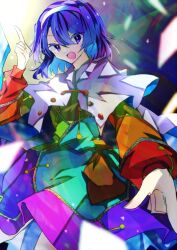 Rule 34 | 1girl, bag, blue eyes, blue hair, capelet, commentary, hairband, highres, index finger raised, light particles, long sleeves, looking at viewer, multicolored clothes, multicolored hairband, one-hour drawing challenge, open mouth, short hair, solo, souko illust, tenkyuu chimata, touhou, white capelet