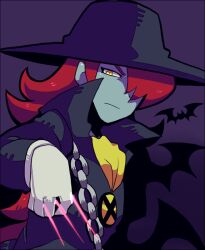 Rule 34 | 1boy, ascot, bat (animal), black coat, black hat, blue skin, chain, closed mouth, coat, colored skin, croket!, fondde veau, glaring, gloves, hat, kotorai, long sleeves, looking at viewer, male focus, no nose, purple background, red hair, solo, white gloves, wide brim, yellow ascot