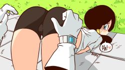 Rule 34 | 1girl, animated, animated gif, artist name, ass, ass grab, ass smack, bike shorts, black hair, blue eyes, blush, cameltoe, cleft of venus, diives, dragon ball, dragon ball fighterz, dragonball z, english text, eyelashes, gloves, grass, great saiyaman, heart, looking at viewer, looking back, low twintails, medium hair, pov, short shorts, shorts, solo focus, speech bubble, spoken heart, spread ass, thigh gap, tomboy, top-down bottom-up, twintails, videl, watch, white gloves, wristwatch