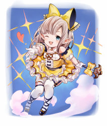 Rule 34 | 1girl, ;d, black footwear, blue background, blush, bow, brown hair, detached sleeves, dress, full body, garter straps, gloves, granblue fantasy, hair bow, harvin, heart, holding, holding wand, lilele (granblue fantasy), magical girl, one eye closed, open mouth, outstretched arm, pointy ears, puffy short sleeves, puffy sleeves, short sleeves, smile, solo, sparkle, thighhighs, umou (user xxhp7583), v-shaped eyebrows, wand, white gloves, white thighhighs, yellow bow