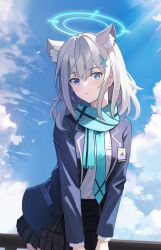 Rule 34 | 1girl, animal ear fluff, animal ears, black skirt, blue archive, blue eyes, blue halo, blue jacket, blue scarf, blue sky, cloud, cloudy sky, commentary request, cross hair ornament, earrings, grey hair, hair ornament, halo, highres, jacket, jewelry, long sleeves, looking at viewer, medium hair, mismatched pupils, open clothes, open jacket, parted lips, plaid, plaid skirt, pleated skirt, scarf, shiroko (blue archive), shirt, skirt, sky, solo, white shirt, wolf ears, xiongji z z