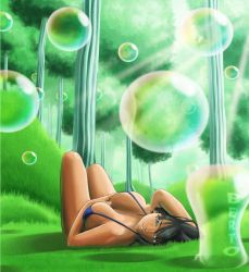 Rule 34 | 1girl, bikini, black hair, breasts, bubble, cleavage, female focus, grass, large breasts, looking at viewer, nico robin, one piece, outdoors, sabaody archipelago, scenery, smile, solo, swimsuit, tree