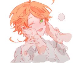 Rule 34 | 1girl, :p, ahoge, colored skin, emma (yakusoku no neverland), green eyes, hand grab, laughing, long sleeves, looking at viewer, m omoo, one eye closed, open mouth, orange hair, shirt, short hair, simple background, smile, solo, solo focus, tongue, tongue out, white background, white shirt, white skin, yakusoku no neverland