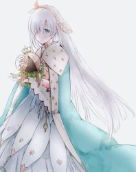 Rule 34 | 1girl, anastasia (fate), blue eyes, cape, commentary request, crown, doll, dress, fate/grand order, fate (series), hair over one eye, hairband, holding, jewelry, kakao 02, long hair, looking at viewer, mini crown, ribbon, royal robe, silver hair, solo, very long hair