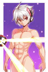 Rule 34 | 1boy, 1other, abs, acura (gunvolt), ahoge, arms at sides, azure striker gunvolt, censored, completely nude, cougar (cougar1404), gradient background, headgear, light censor, light rays, looking to the side, male focus, muscular, muscular male, navel, nude, pectorals, purple background, red eyes, roro (gunvolt), shiny skin, silver hair, simple background, white hair