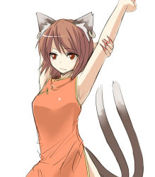 Rule 34 | 1girl, aged up, animal ears, arm up, armpits, arms up, brown eyes, brown hair, cat ears, cat girl, cat tail, chen, chinese clothes, earrings, female focus, fingernails, jewelry, long fingernails, miyo (ranthath), multiple tails, no headwear, solo, stretching, tail, touhou