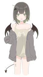 Rule 34 | 1girl, :o, arm at side, bad id, bad pixiv id, black wings, blush stickers, brown camisole, brown hair, camisole, demon girl, demon tail, demon wings, drawstring, green eyes, green hair, grey jacket, hair ornament, hairclip, highres, holding, hood, hood down, hooded jacket, jacket, long sleeves, mafuyu (chibi21), multicolored hair, no pants, off shoulder, open clothes, open jacket, open mouth, original, simple background, sleeves past fingers, sleeves past wrists, solo, streaked hair, tail, twitter username, two-tone hair, white background, wing hair ornament, wings, x hair ornament