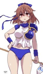 Rule 34 | 1girl, arle nadja, armor, blue bow, blue buruma, blush, bow, breasts, brown eyes, brown hair, buruma, commentary request, dated, groin, hair between eyes, hair bow, hand on own hip, heavy breathing, highres, holding, madou monogatari, medium breasts, parted lips, pauldrons, ponytail, puyopuyo, shirt, shoulder armor, signature, simple background, single pauldron, solo, standing, sweat, unagiman, white background, white shirt