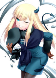 Rule 34 | 1girl, aqua eyes, blonde hair, blue dress, blue scarf, blush, brown gloves, demon tail, dress, fate (series), flower, gloves, grin, hat, highres, horns, jewelry, long hair, long sleeves, looking at viewer, lord el-melloi ii case files, necklace, one eye closed, pantyhose, pearl necklace, reines el-melloi archisorte, rose, scarf, simple background, single horn, smile, solo, tail, volumen hydragyrum (fate), white background, white flower, white rose, zen