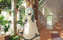 Rule 34 | 1girl, apron, aqua eyes, aqua hair, arch, backlup, black dress, book, bookshelf, commentary, dress, english commentary, fern, hatsune miku, highres, indoors, lantern, long hair, looking at viewer, maid, maid headdress, open mouth, plant, potted plant, rug, scenery, scroll, shelf, skirt hold, smile, solo, stairs, standing, tree, twintails, very long hair, vocaloid, white apron, wide shot, window, wooden floor
