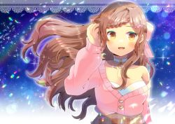 Rule 34 | 1girl, :d, arm up, bare shoulders, border, bow, braid, braided bangs, breasts, brown eyes, brown hair, brown skirt, character request, choker, cleavage, collarbone, commentary request, crescent, floating hair, hair bow, hair ornament, hairclip, indie virtual youtuber, jacket, kou hiyoyo, lace, lace border, long hair, long sleeves, looking at viewer, medium breasts, open mouth, ornate border, pig hair ornament, pink bow, pink jacket, plaid, plaid skirt, puffy long sleeves, puffy sleeves, skirt, sleeves past wrists, smile, solo, very long hair, virtual youtuber, white choker