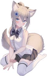 Rule 34 | 1girl, absurdres, animal ear fluff, animal ears, bare arms, bare shoulders, between legs, black skirt, blue eyes, bow, bowtie, breasts, closed mouth, collared shirt, extra ears, flower, fox ears, fox girl, fox tail, hair bow, hair flower, hair ornament, hairclip, highres, jun (aousa0328), long hair, looking at viewer, miniskirt, no shoes, original, pleated skirt, ponytail, shirt, sidelocks, silver hair, simple background, sitting, skirt, sleeveless, sleeveless shirt, small breasts, solo, tail, thighhighs, wariza, white background, white shirt, white thighhighs, zettai ryouiki