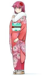 Rule 34 | 1girl, artist request, flower, full body, highres, japanese clothes, kimono, looking at viewer, miyanaga teru, pink hair, saki (manga), sandals, short hair, simple background, smile, solo, standing, tabi, white background, zouri